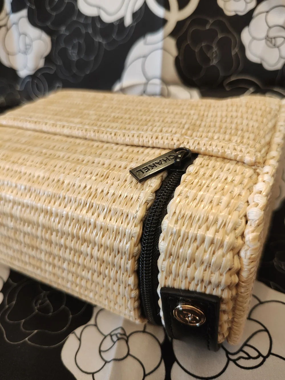 Beige Woven Beauté Mini Bag with Black Trim
